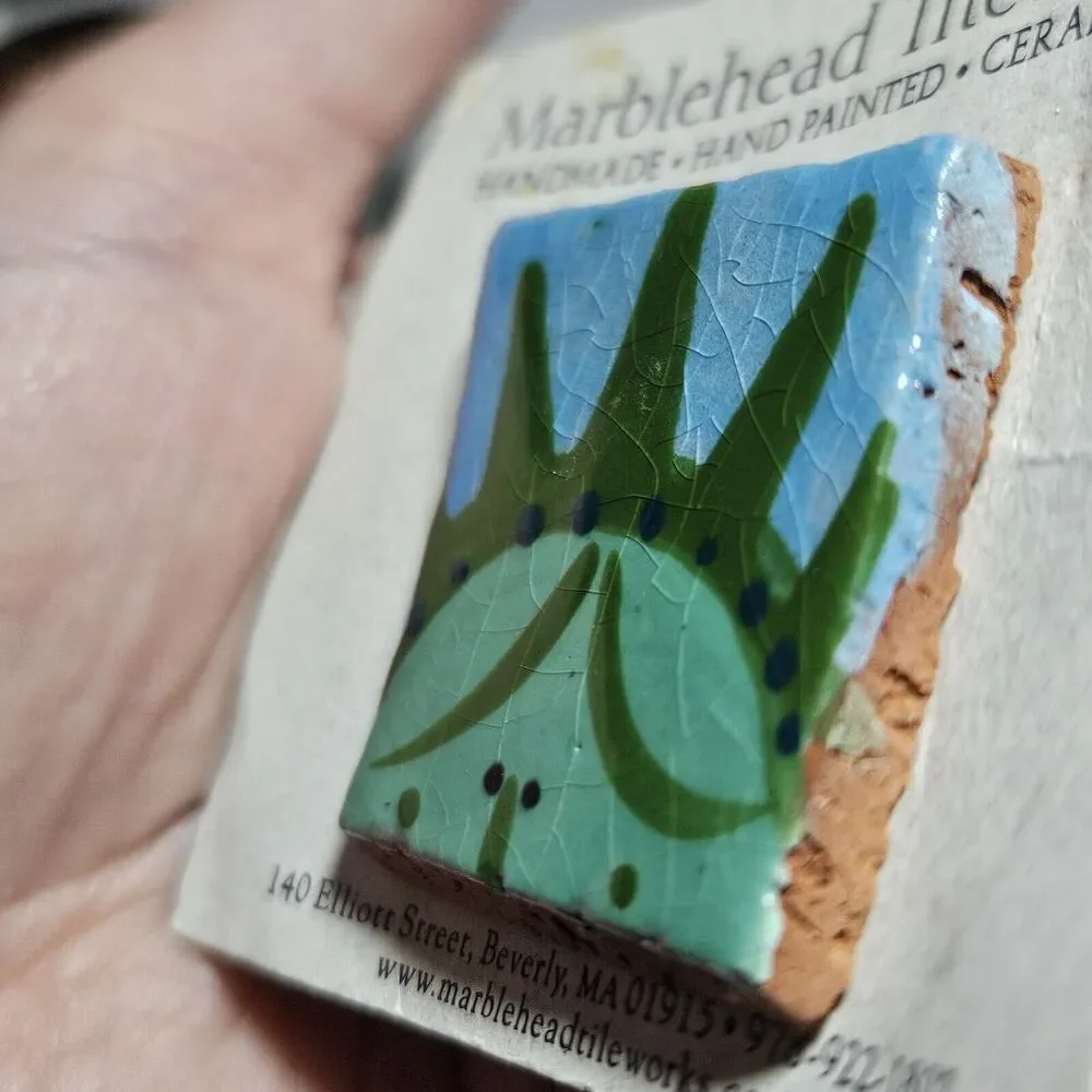 Marblehead Tileworks Green And Blue Painted Tile Brooch
